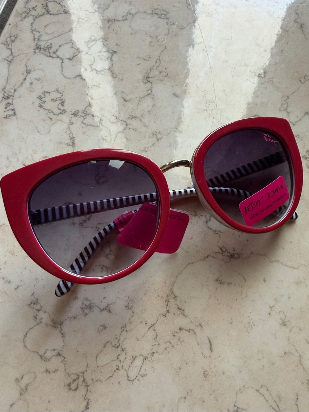 Betsey Johnson Red Cat Eye Sunglasses | Black & White Striped Oversized Designer - Picture 2 of 8